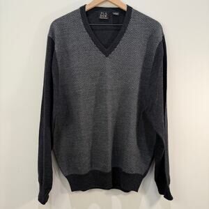 JOS.A.BANK Merino Wool Sweater Large Herringbone Grey Black
